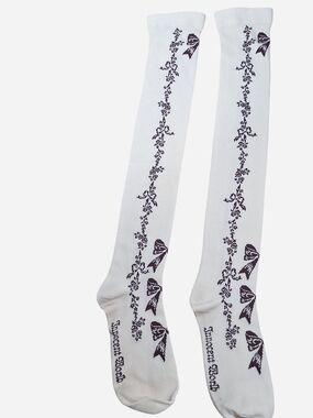 Innocent World Ivory Burgundy Bow Floral Garland OTK Socks | Classic Lolita